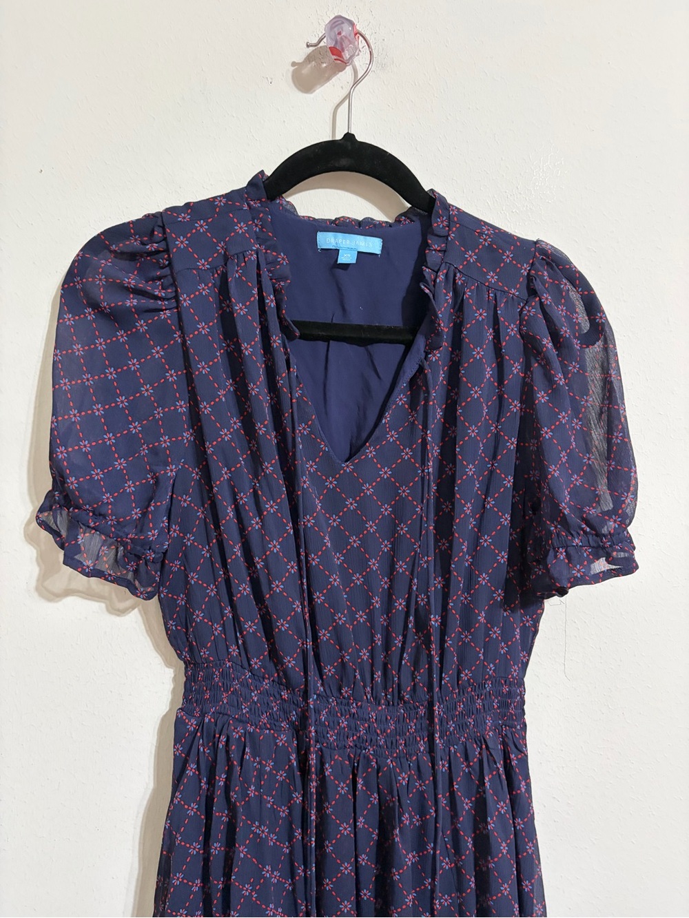Draper James Navy Printed V-Neck High-Low Midi Dress Bandanna Hem Romantic Sz XS - Picture 7 of 11